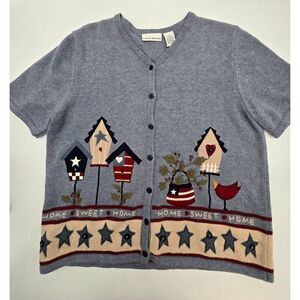 Croft & Barrow Womens M Gray Knit Cardigan With Birdhouse & Star Embroidery